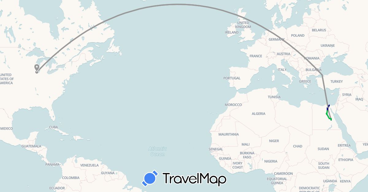 TravelMap itinerary: driving, bus, plane in Egypt, Turkey, United States (Africa, Asia, North America)